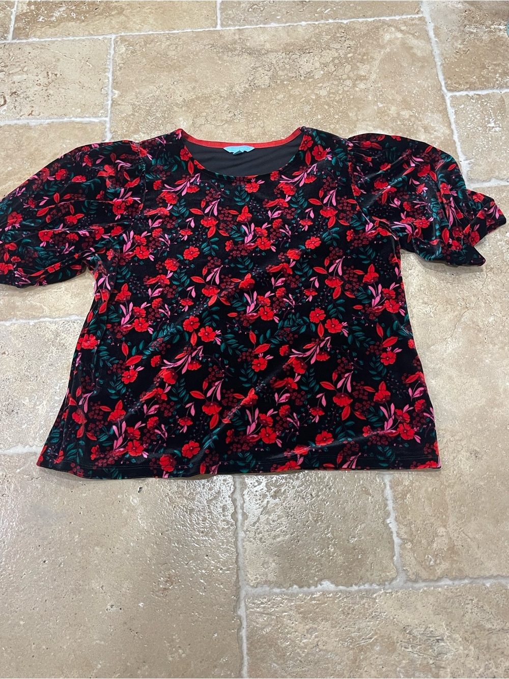Women’s Black Velvet Blouse with Red & Pink Floral Print - Draper James - EUC